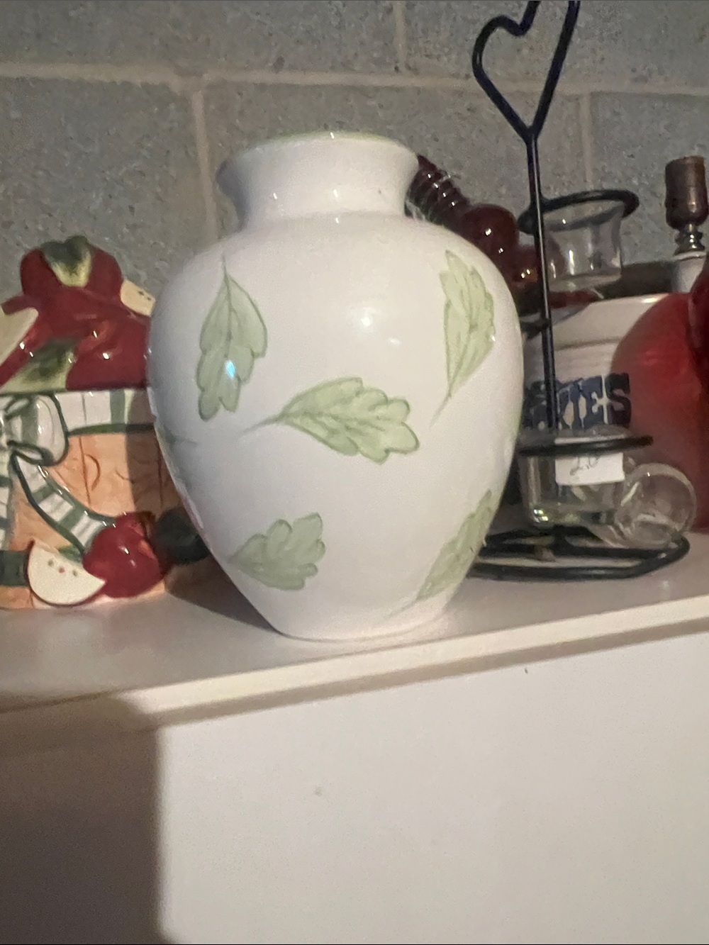 Source Unknown White Ceramic Vase with Green Leaf Accents